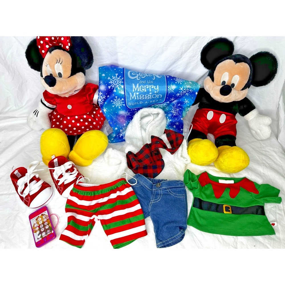 Build A Bear Mickey Minnie Mouse Plush  Holiday Clothing Backsack Lot 22"